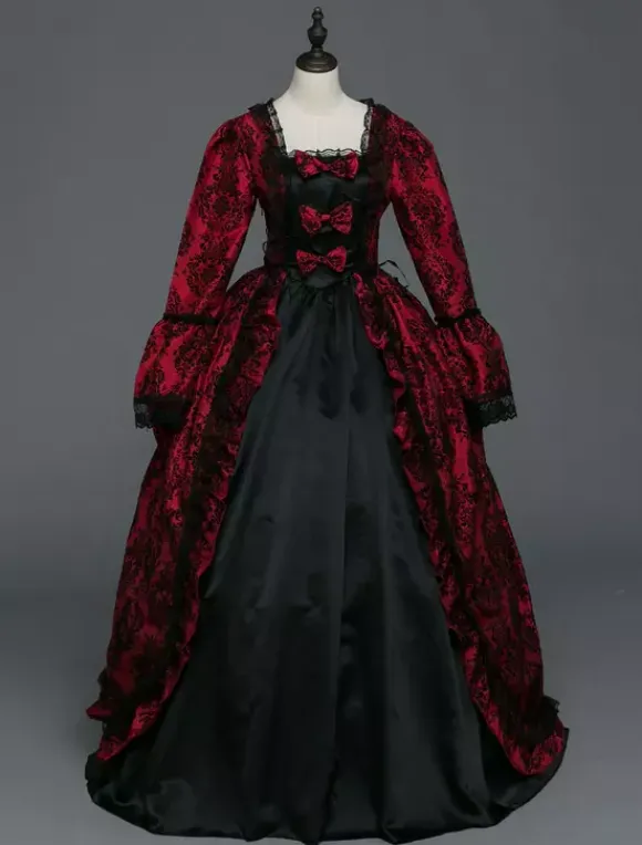 Victorian Tudor Dress Baroque Masquerade Ball Gowns Burgundy Long Sleeve Vintage