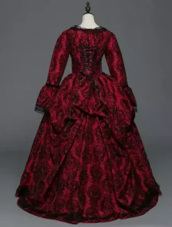 Victorian Tudor Dress Baroque Masquerade Ball Gowns Burgundy Long Sleeve Vintage