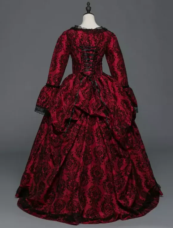 Victorian Tudor Dress Baroque Masquerade Ball Gowns Burgundy Long Sleeve Vintage