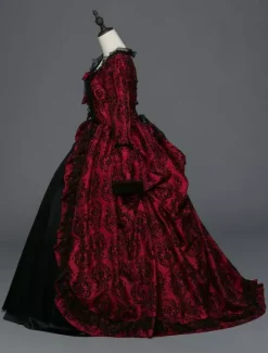 Victorian Tudor Dress Baroque Masquerade Ball Gowns Burgundy Long Sleeve Vintage