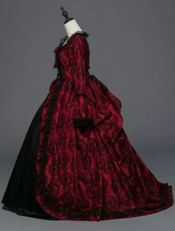 Victorian Tudor Dress Baroque Masquerade Ball Gowns Burgundy Long Sleeve Vintage