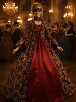 Victorian Tudor Dress Costume Baroque Costume Lace Ruffles Printed Trumpet sleeves Vintage Viactorian era Clothing Long Party Dresses with Choker Burgundy