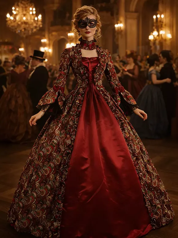 Victorian Tudor Dress Costume Baroque Costume Lace Ruffles Printed Trumpet sleeves Vintage Viactorian era Clothing Long Party Dresses with Choker Burgundy
