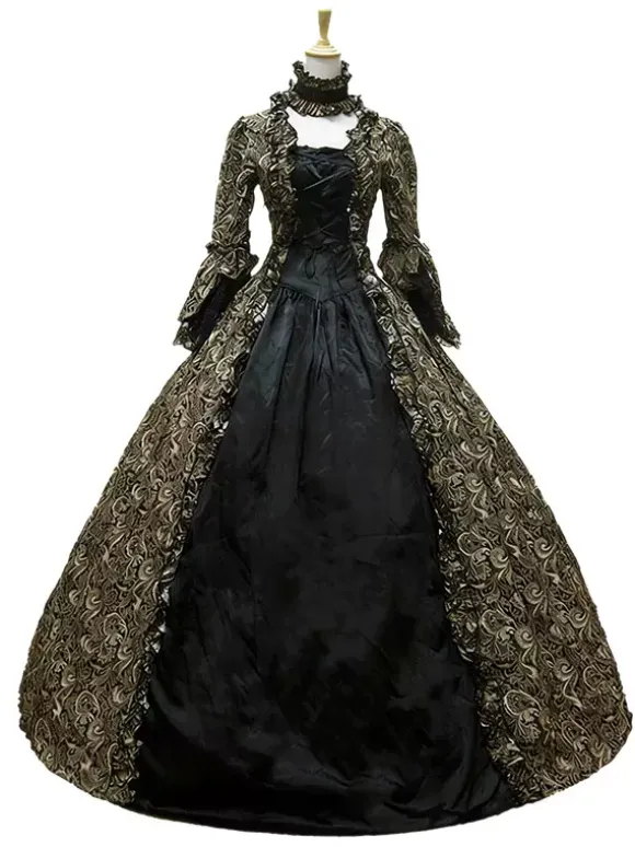 Victorian Tudor Dress Costume Baroque Costume Lace Ruffles Printed Trumpet sleeves Vintage Viactorian era Clothing Long Party Dresses with Choker Burgundy