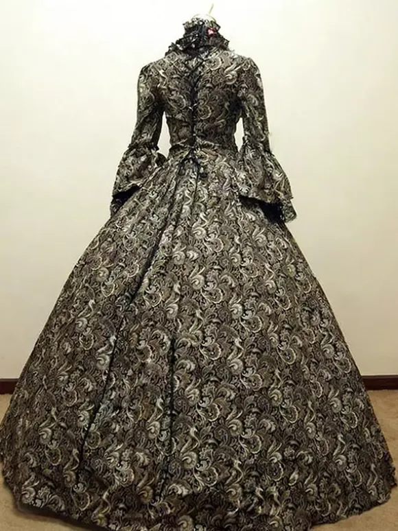 Victorian Tudor Dress Costume Baroque Costume Lace Ruffles Printed Trumpet sleeves Vintage Viactorian era Clothing Long Party Dresses with Choker Burgundy