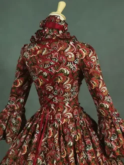 Victorian Tudor Dress Costume Baroque Costume Lace Ruffles Printed Trumpet sleeves Vintage Viactorian era Clothing Long Party Dresses with Choker Burgundy