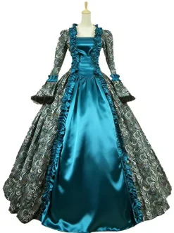 Victorian Tudor Dress Costume Baroque Costume Lace Ruffles Printed Trumpet sleeves Vintage Viactorian era Clothing Long Party Dresses with Choker Burgundy