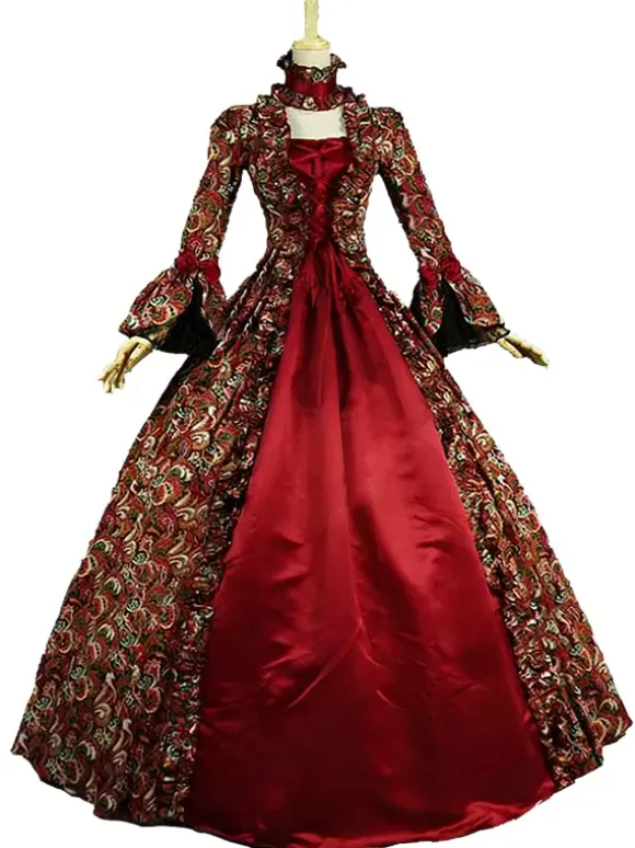 Victorian Tudor Dress Costume Baroque Costume Lace Ruffles Printed Trumpet sleeves Vintage Viactorian era Clothing Long Party Dresses with Choker Burgundy