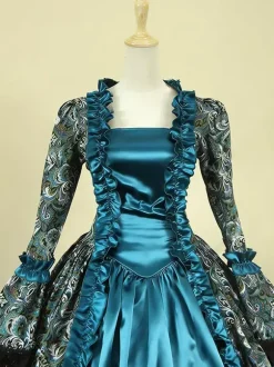 Victorian Tudor Dress Costume Baroque Costume Lace Ruffles Printed Trumpet sleeves Vintage Viactorian era Clothing Long Party Dresses with Choker Burgundy
