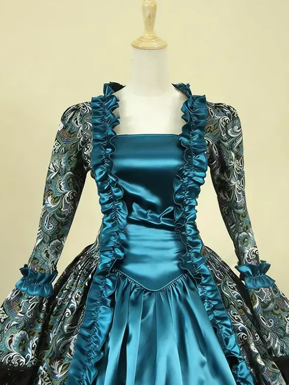 Victorian Tudor Dress Costume Baroque Costume Lace Ruffles Printed Trumpet sleeves Vintage Viactorian era Clothing Long Party Dresses with Choker Burgundy