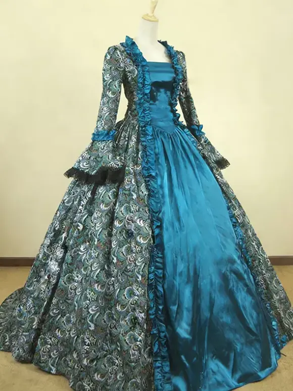 Victorian Tudor Dress Costume Baroque Costume Lace Ruffles Printed Trumpet sleeves Vintage Viactorian era Clothing Long Party Dresses with Choker Burgundy