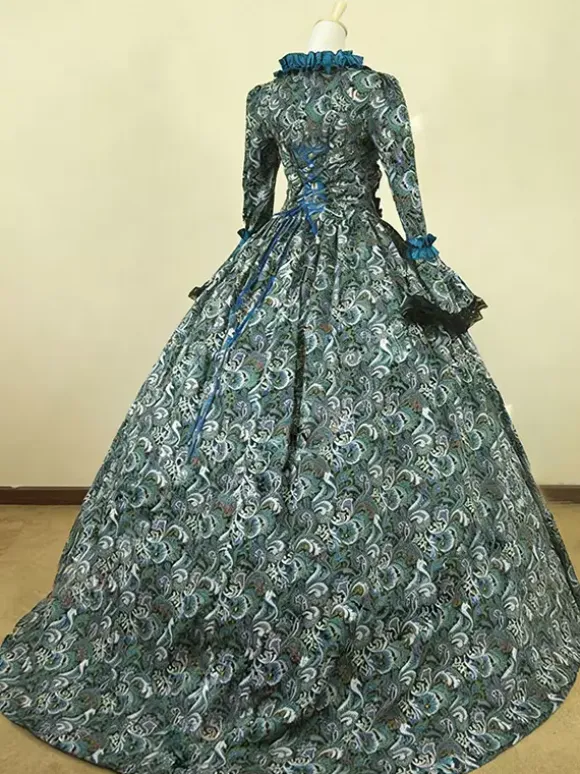Victorian Tudor Dress Costume Baroque Costume Lace Ruffles Printed Trumpet sleeves Vintage Viactorian era Clothing Long Party Dresses with Choker Burgundy