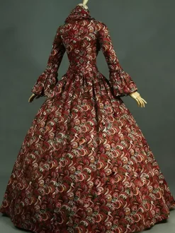Victorian Tudor Dress Costume Baroque Costume Lace Ruffles Printed Trumpet sleeves Vintage Viactorian era Clothing Long Party Dresses with Choker Burgundy