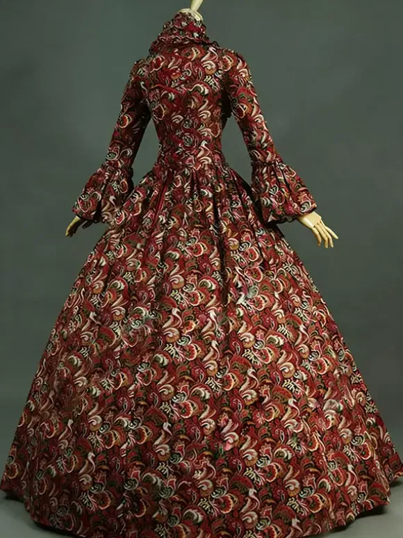 Victorian Tudor Dress Costume Baroque Costume Lace Ruffles Printed Trumpet sleeves Vintage Viactorian era Clothing Long Party Dresses with Choker Burgundy