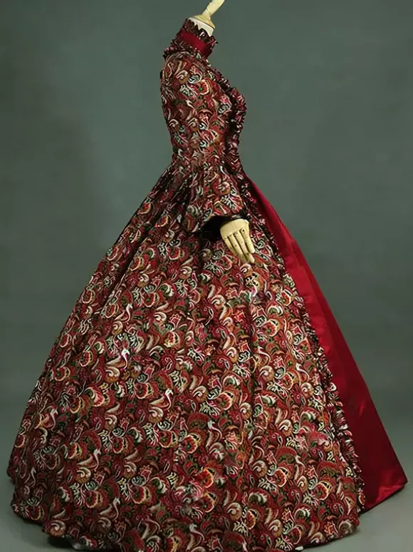 Victorian Tudor Dress Costume Baroque Costume Lace Ruffles Printed Trumpet sleeves Vintage Viactorian era Clothing Long Party Dresses with Choker Burgundy