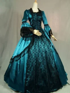 Victorian Tudor Dress Costume Long Sleeves Teal Ruffles Silk Long Sleeves Lace Dress Victorian era Style Masquerade Ball Gown Dress