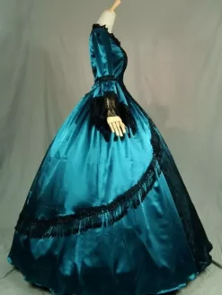 Victorian Tudor Dress Costume Long Sleeves Teal Ruffles Silk Long Sleeves Lace Dress Victorian era Style Masquerade Ball Gown Dress