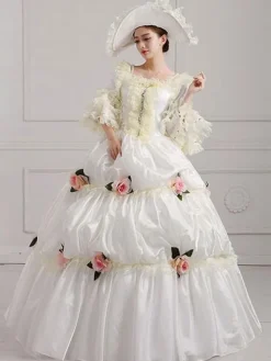 Victorian Tudor Dress Costume Women's Victorian era Clothing White Square Neckline Ball Gown Pageant Dress With Flowers Outfits