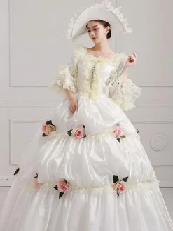 Victorian Tudor Dress Costume Women's Victorian era Clothing White Square Neckline Ball Gown Pageant Dress With Flowers Outfits