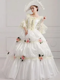 Victorian Tudor Dress Costume Women's Victorian era Clothing White Square Neckline Ball Gown Pageant Dress With Flowers Outfits