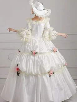 Victorian Tudor Dress Costume Women's Victorian era Clothing White Square Neckline Ball Gown Pageant Dress With Flowers Outfits