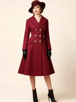 Vintage A-line Double-breasted Woolen Flared Midi Coat For Women 2026