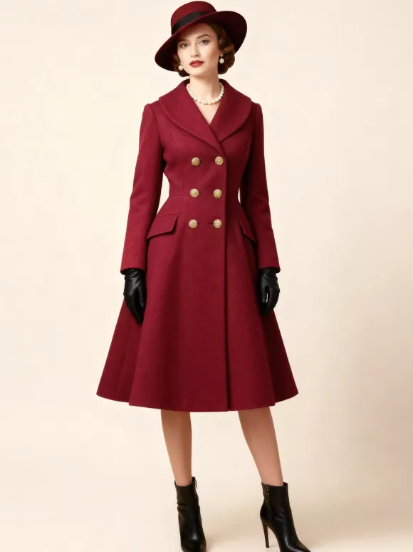 Vintage A-line Double-breasted Woolen Flared Midi Coat For Women 2026