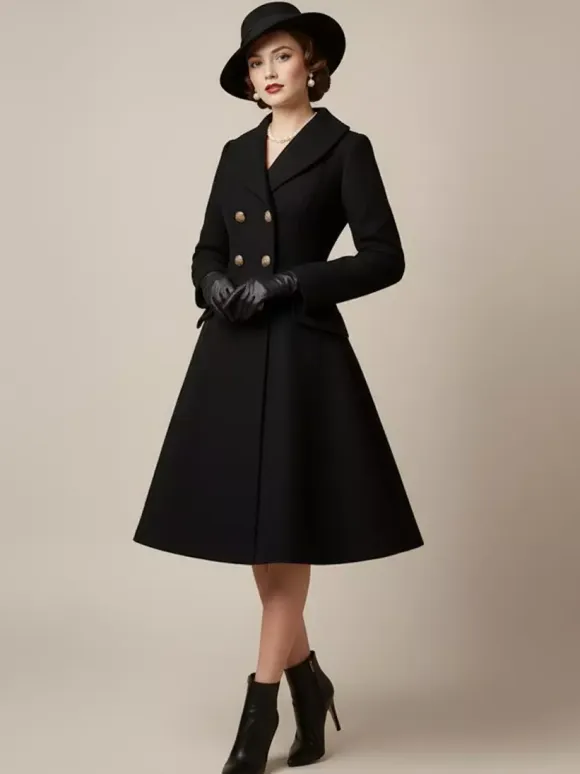 Vintage A-line Double-breasted Woolen Flared Midi Coat For Women 2026