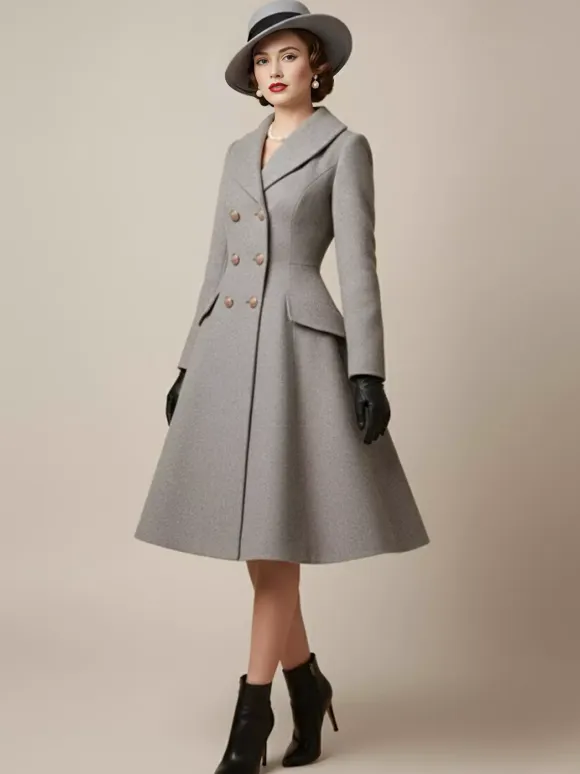 Vintage A-line Double-breasted Woolen Flared Midi Coat For Women 2026