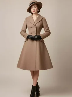 Vintage A-line Double-breasted Woolen Flared Midi Coat For Women 2026