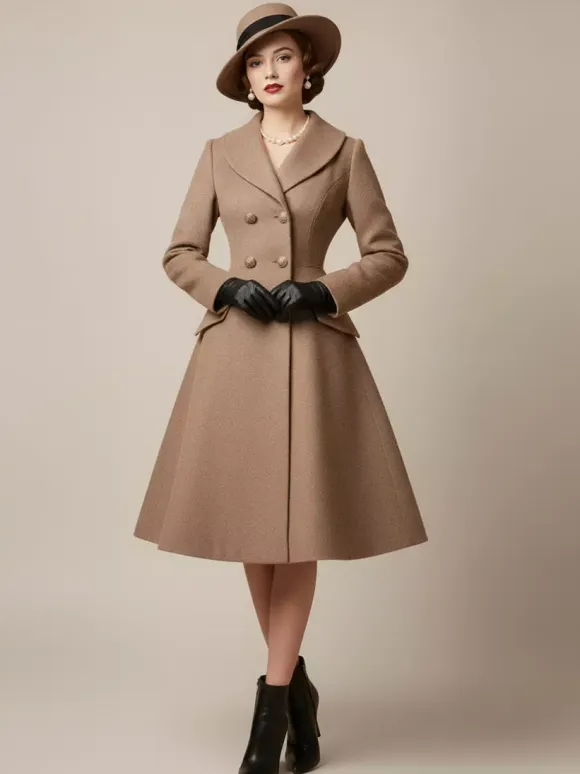 Vintage A-line Double-breasted Woolen Flared Midi Coat For Women 2026