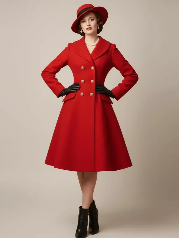 Vintage A-line Double-breasted Woolen Flared Midi Coat For Women 2026