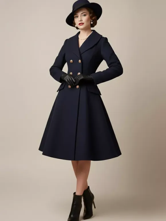 Vintage A-line Double-breasted Woolen Flared Midi Coat For Women 2026