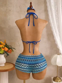 Vintage Chevron Knit Halter Cutout One Piece Bikini 3 Piece Set With Cover Up Shorts