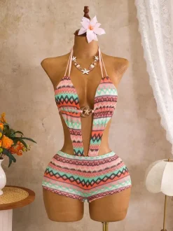 Vintage Chevron Knit Halter Cutout One Piece Bikini 3 Piece Set With Cover Up Shorts
