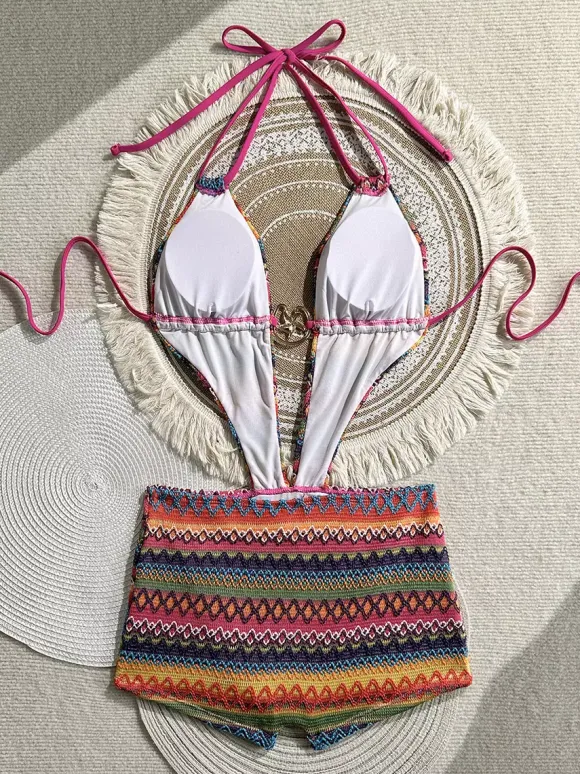Vintage Chevron Knit Halter Cutout One Piece Bikini 3 Piece Set With Cover Up Shorts