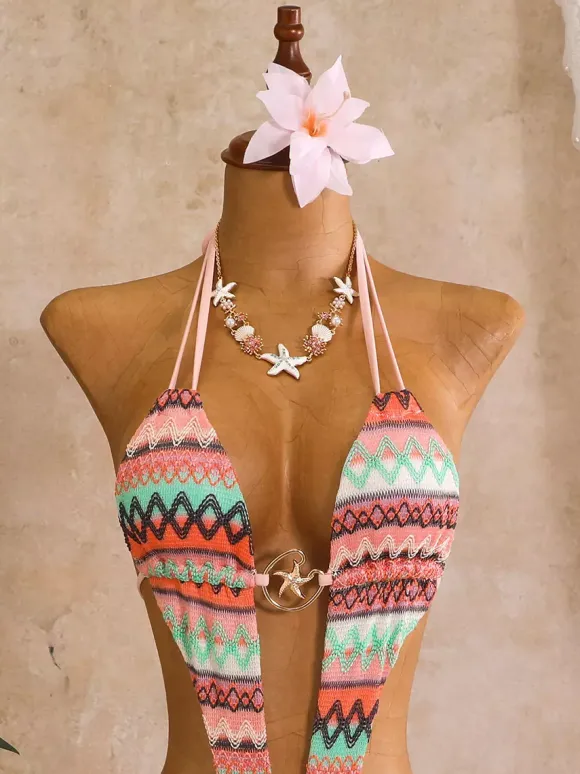 Vintage Chevron Knit Halter Cutout One Piece Bikini 3 Piece Set With Cover Up Shorts