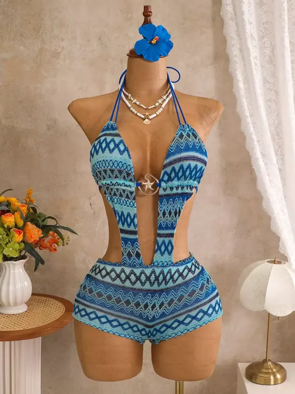 Vintage Chevron Knit Halter Cutout One Piece Bikini 3 Piece Set With Cover Up Shorts