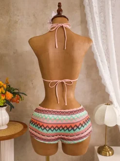 Vintage Chevron Knit Halter Cutout One Piece Bikini 3 Piece Set With Cover Up Shorts