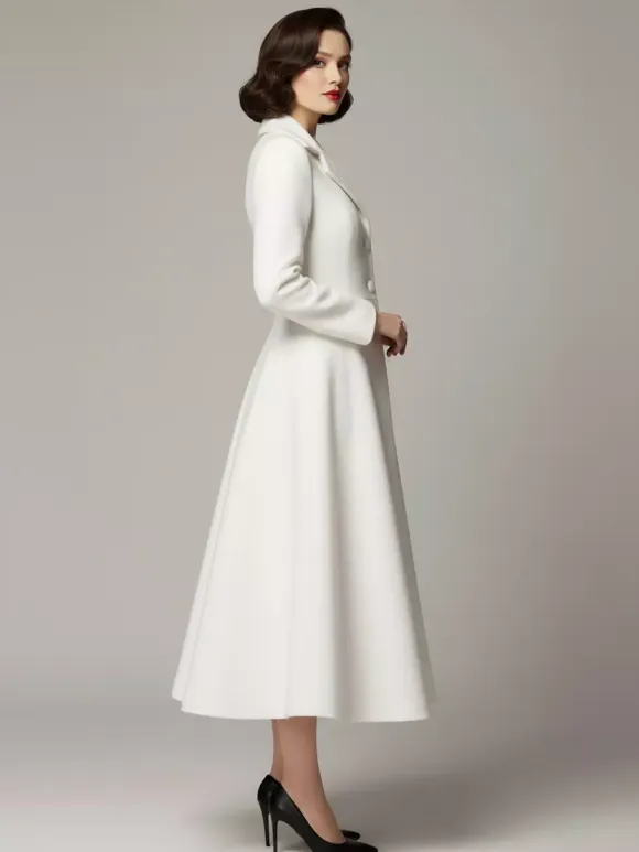 Vintage Classic Lapel A-line Woolen Flared Coat In White For Women 2026