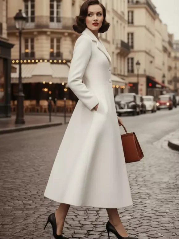 Vintage Classic Lapel A-line Woolen Flared Coat In White For Women 2026