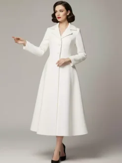 Vintage Classic Lapel A-line Woolen Flared Coat In White For Women 2026