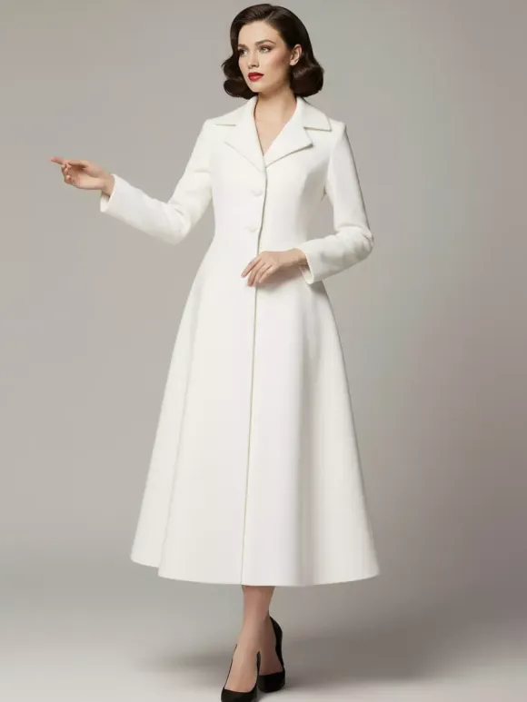 Vintage Classic Lapel A-line Woolen Flared Coat In White For Women 2026