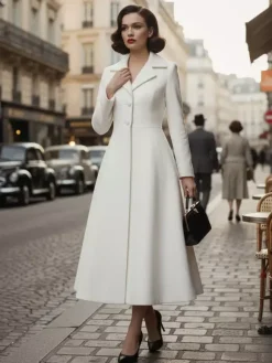 Vintage Classic Lapel A-line Woolen Flared Coat In White For Women 2026