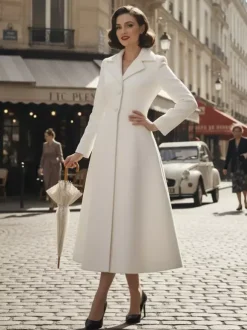 Vintage Classic Lapel A-line Woolen Flared Coat In White For Women 2026