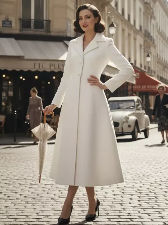 Vintage Classic Lapel A-line Woolen Flared Coat In White For Women 2026