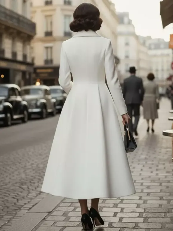 Vintage Classic Lapel A-line Woolen Flared Coat In White For Women 2026