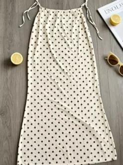 Vintage Dot Print Cover Up Maxi Skirt Matching Underwire Bikini High Cut Thong 3 Piece Beach Outfit