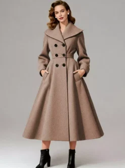 Vintage Double-Breasted A-line Woolen Coat With Shawl Collar For Women 2026