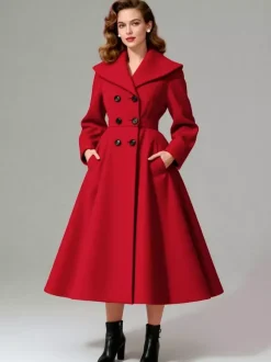 Vintage Double-Breasted A-line Woolen Coat With Shawl Collar For Women 2026